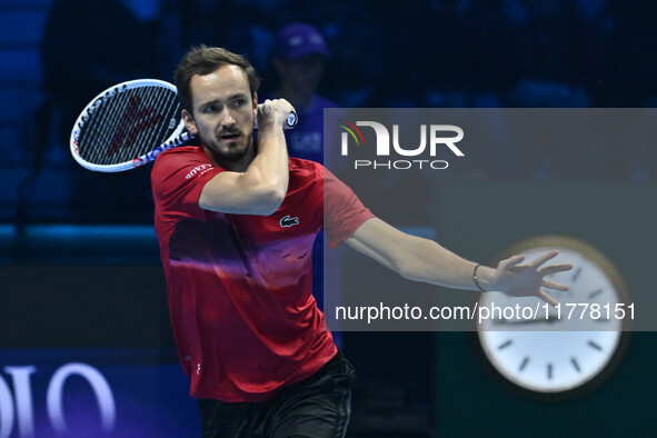 Daniil Medvedev (RUS) competes against Jannik Sinner (ITA) during day five of the Nitto ATP Finals 2024 at Inalpi Arena in Turin, Italy, on...