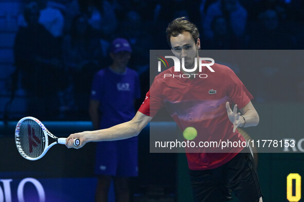 Daniil Medvedev (RUS) competes against Jannik Sinner (ITA) during day five of the Nitto ATP Finals 2024 at Inalpi Arena in Turin, Italy, on...