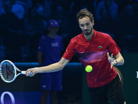 Daniil Medvedev (RUS) competes against Jannik Sinner (ITA) during day five of the Nitto ATP Finals 2024 at Inalpi Arena in Turin, Italy, on...