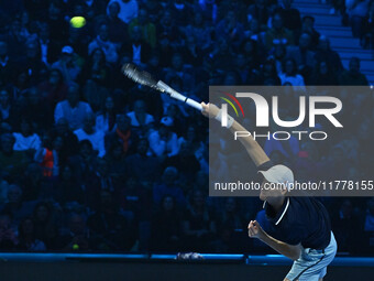 Jannik Sinner (ITA) competes against Daniil Medvedev (RUS) during day five of the Nitto ATP Finals 2024 at Inalpi Arena in Turin, Italy, on...