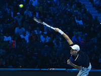 Jannik Sinner (ITA) competes against Daniil Medvedev (RUS) during day five of the Nitto ATP Finals 2024 at Inalpi Arena in Turin, Italy, on...