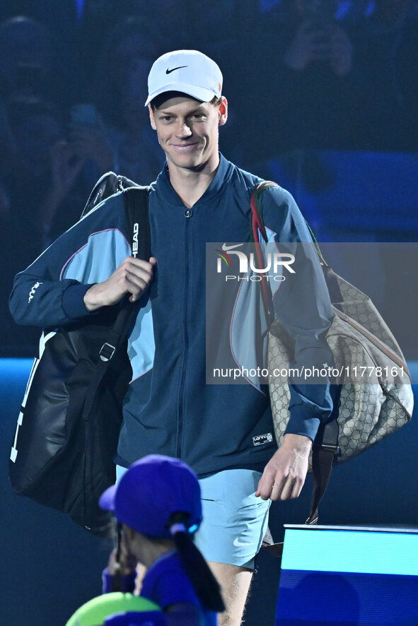 Jannik Sinner (ITA) competes against Daniil Medvedev (RUS) during day five of the Nitto ATP Finals 2024 at Inalpi Arena in Turin, Italy, on...