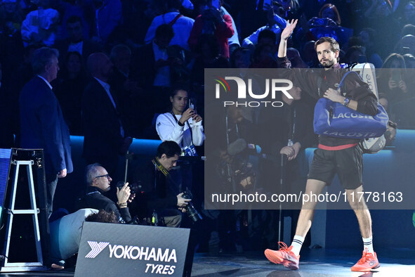 Daniil Medvedev (RUS) competes against Jannik Sinner (ITA) during day five of the Nitto ATP Finals 2024 at Inalpi Arena in Turin, Italy, on...