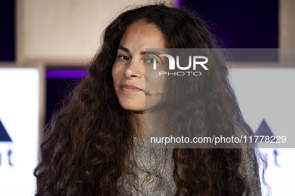 Climate activist and founder of Sustainable and Just Future, Sage Lenier, attends the third and last day of Web Summit in Lisbon, Portugal,...