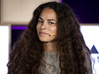 Climate activist and founder of Sustainable and Just Future, Sage Lenier, attends the third and last day of Web Summit in Lisbon, Portugal,...