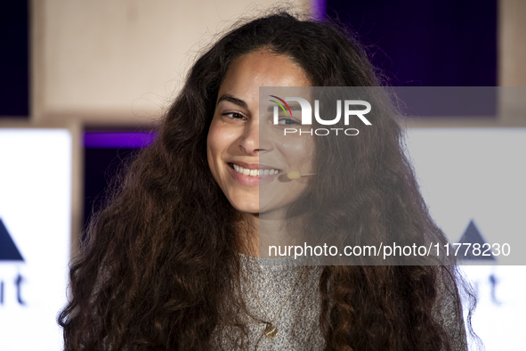 Climate activist and founder of Sustainable and Just Future, Sage Lenier, attends the third and last day of Web Summit in Lisbon, Portugal,...