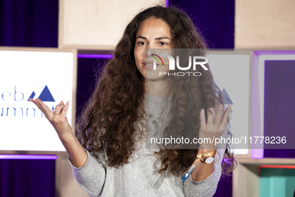 Climate activist and founder of Sustainable and Just Future, Sage Lenier, attends the third and last day of Web Summit in Lisbon, Portugal,...