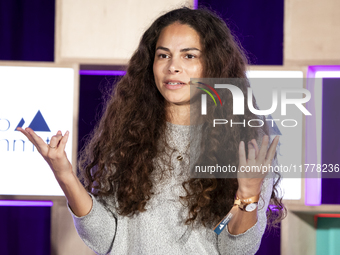 Climate activist and founder of Sustainable and Just Future, Sage Lenier, attends the third and last day of Web Summit in Lisbon, Portugal,...