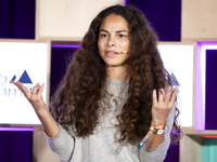 Climate activist and founder of Sustainable and Just Future, Sage Lenier, attends the third and last day of Web Summit in Lisbon, Portugal,...