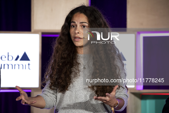 Climate activist and founder of Sustainable and Just Future, Sage Lenier, attends the third and last day of Web Summit in Lisbon, Portugal,...