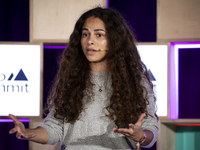 Climate activist and founder of Sustainable and Just Future, Sage Lenier, attends the third and last day of Web Summit in Lisbon, Portugal,...