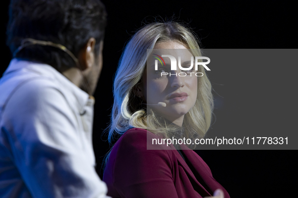 Actress Julia Palha attends the third and last day of Web Summit in Lisbon, Portugal, on November 14, 2024. The largest technology conferenc...