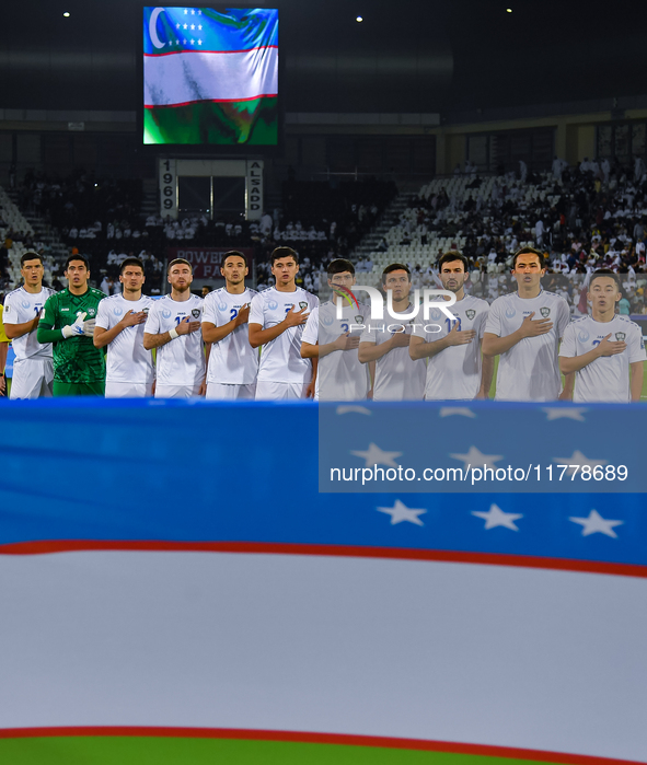 Uzbekistan team players line up before the FIFA World Cup 2026 AFC Asian Qualifiers 3rd round group A match between Qatar and Uzbekistan at...