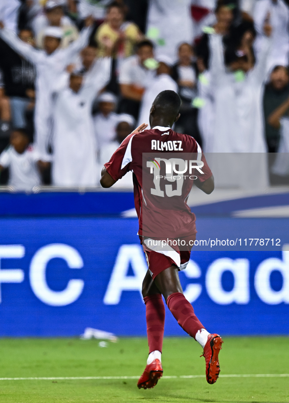 Almoez Ali (#19) of Qatar celebrates after scoring a goal during the FIFA World Cup 2026 AFC Asian Qualifiers 3rd round group A match betwee...