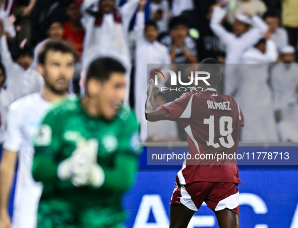 Almoez Ali (#19) of Qatar celebrates after scoring a goal during the FIFA World Cup 2026 AFC Asian Qualifiers 3rd round group A match betwee...