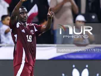 Almoez Ali (#19) of Qatar celebrates after scoring a goal during the FIFA World Cup 2026 AFC Asian Qualifiers third round group A match betw...