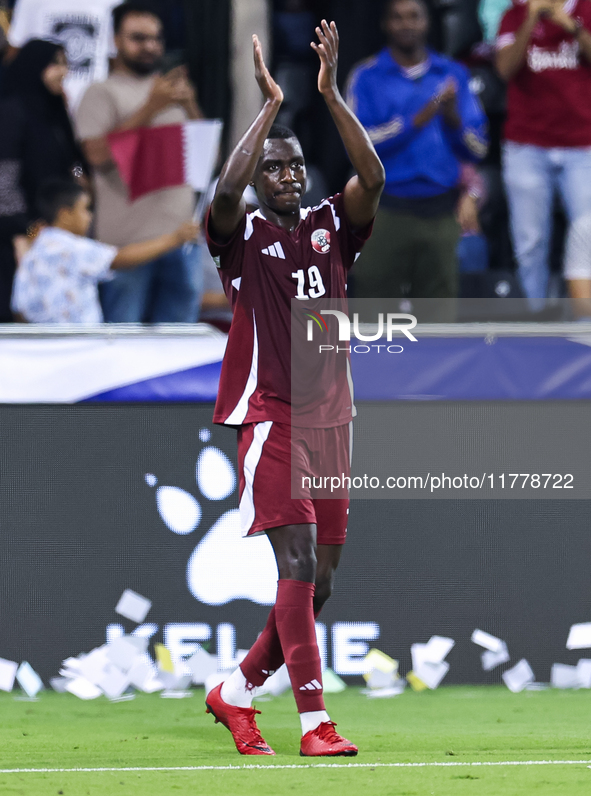 Almoez Ali (#19) of Qatar celebrates after scoring a goal during the FIFA World Cup 2026 AFC Asian Qualifiers third round group A match betw...