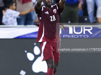 Almoez Ali (#19) of Qatar celebrates after scoring a goal during the FIFA World Cup 2026 AFC Asian Qualifiers third round group A match betw...