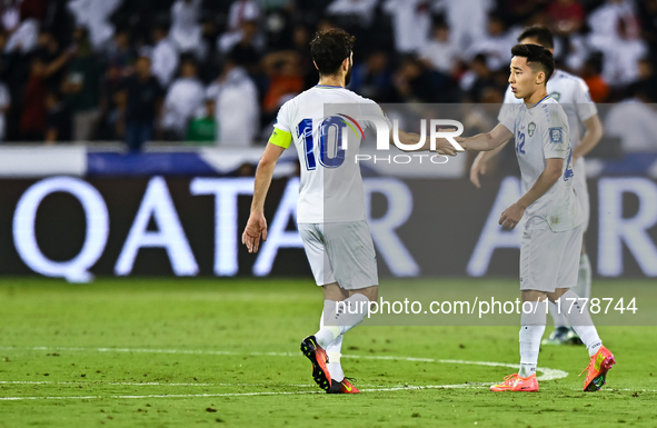 Abbosbek Fayazullaev (R) of Uzbekistan celebrates with his teammate after scoring a goal during the FIFA World Cup 2026 AFC Asian Qualifiers...