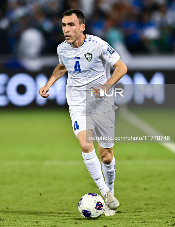 Farrukh Sayfiev (#4) of Uzbekistan plays in the FIFA World Cup 2026 AFC Asian Qualifiers third round group A match between Qatar and Uzbekis...