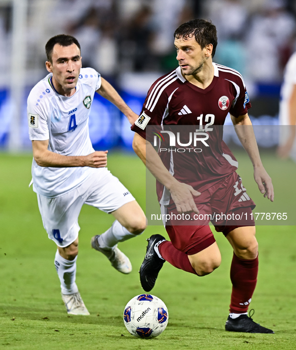 Lucas Mendes (#12) of Qatar battles for the ball with Farrukh Sayfiev (#4) of Uzbekistan during the FIFA World Cup 2026 AFC Asian Qualifiers...