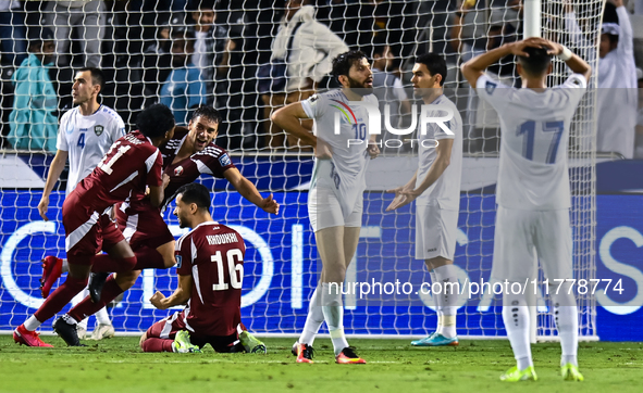 Lucas Mendes (3-L) of Qatar celebrates with his teammates after scoring a goal during the FIFA World Cup 2026 AFC Asian Qualifiers third rou...