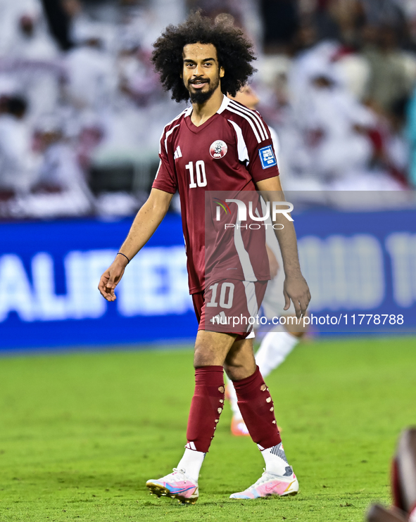 Akram Afif of Qatar celebrates after winning the FIFA World Cup 2026 AFC Asian Qualifiers third round group A match between Qatar and Uzbeki...