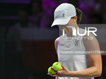 RIYADH, SAUDI ARABIA - NOVEMBER 05: Iga Swiatek of Poland during her match against Coco Gauff of USA, on day 4 of the 2024 WTA Finals, part...