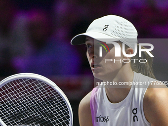 RIYADH, SAUDI ARABIA - NOVEMBER 05: Iga Swiatek of Poland during her match against Coco Gauff of USA, on day 4 of the 2024 WTA Finals, part...