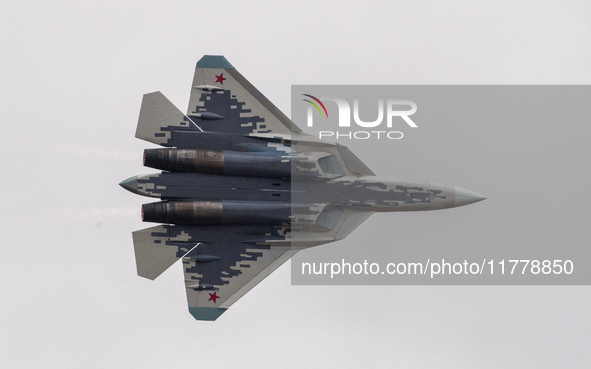 Russia's Su-57 stealth fighter performs at the 2024 Zhuhai Air Show in Zhuhai, China, on November 14, 2024. 