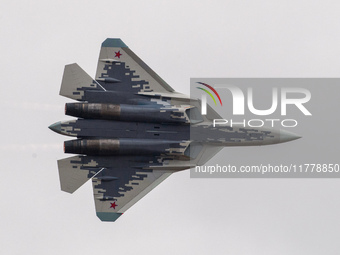 Russia's Su-57 stealth fighter performs at the 2024 Zhuhai Air Show in Zhuhai, China, on November 14, 2024. (