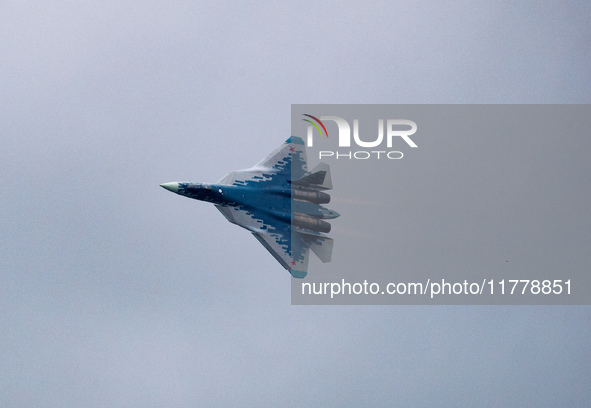 Russia's Su-57 stealth fighter performs at the 2024 Zhuhai Air Show in Zhuhai, China, on November 14, 2024. 