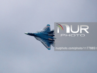 Russia's Su-57 stealth fighter performs at the 2024 Zhuhai Air Show in Zhuhai, China, on November 14, 2024. (