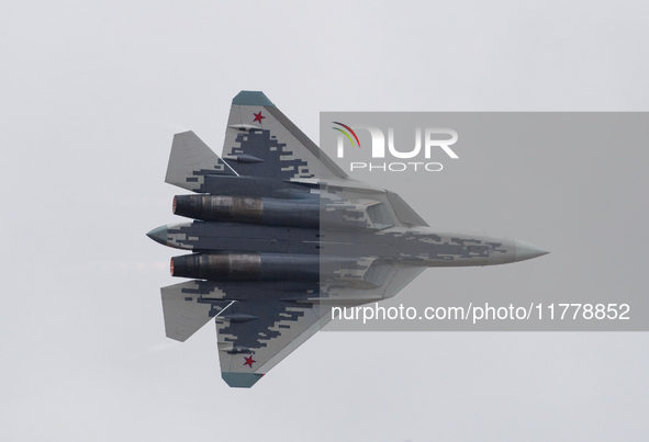 Russia's Su-57 stealth fighter performs at the 2024 Zhuhai Air Show in Zhuhai, China, on November 14, 2024. 