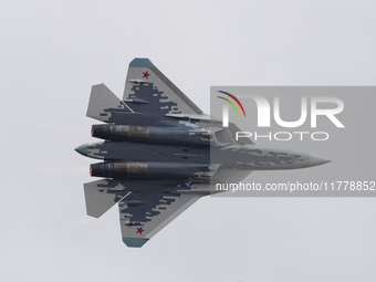 Russia's Su-57 stealth fighter performs at the 2024 Zhuhai Air Show in Zhuhai, China, on November 14, 2024. (