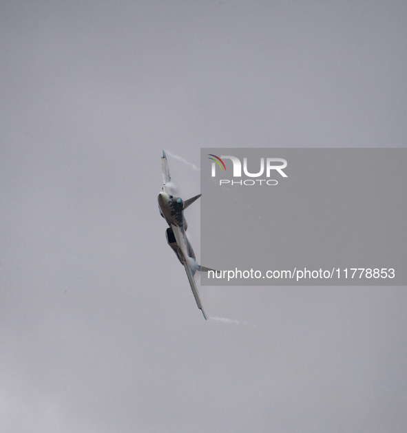 Russia's Su-57 stealth fighter performs at the 2024 Zhuhai Air Show in Zhuhai, China, on November 14, 2024. 