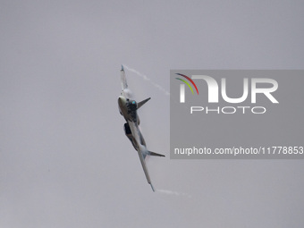 Russia's Su-57 stealth fighter performs at the 2024 Zhuhai Air Show in Zhuhai, China, on November 14, 2024. (