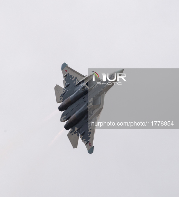 Russia's Su-57 stealth fighter performs at the 2024 Zhuhai Air Show in Zhuhai, China, on November 14, 2024. 