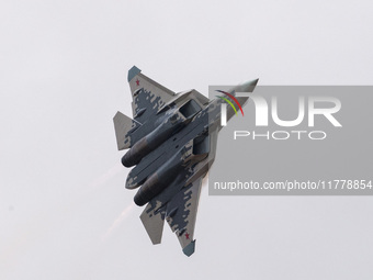 Russia's Su-57 stealth fighter performs at the 2024 Zhuhai Air Show in Zhuhai, China, on November 14, 2024. (