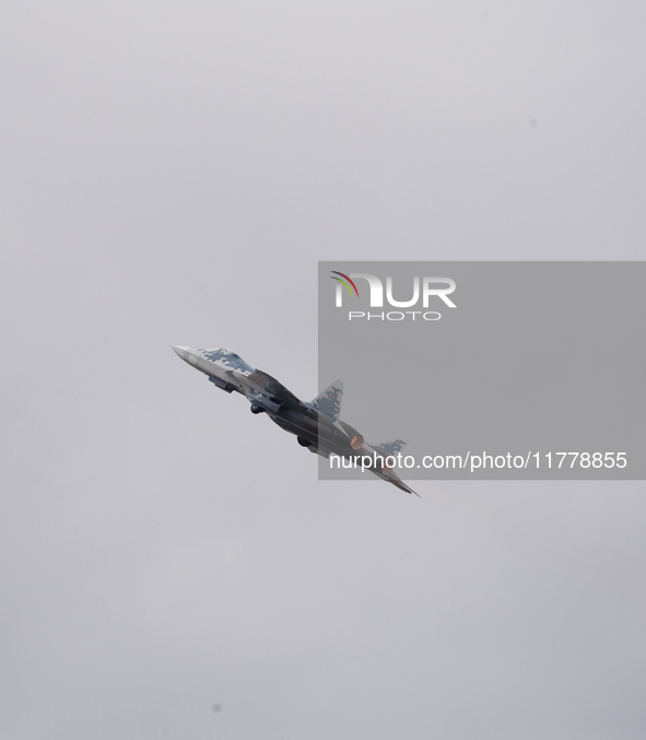 Russia's Su-57 stealth fighter performs at the 2024 Zhuhai Air Show in Zhuhai, China, on November 14, 2024. 