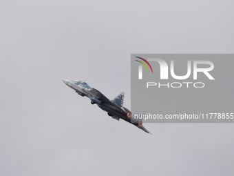 Russia's Su-57 stealth fighter performs at the 2024 Zhuhai Air Show in Zhuhai, China, on November 14, 2024. (