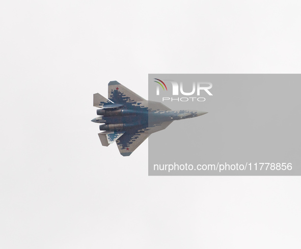 Russia's Su-57 stealth fighter performs at the 2024 Zhuhai Air Show in Zhuhai, China, on November 14, 2024. 