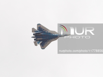 Russia's Su-57 stealth fighter performs at the 2024 Zhuhai Air Show in Zhuhai, China, on November 14, 2024. (