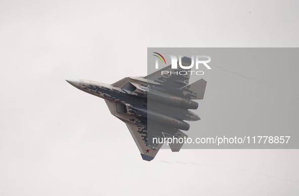 Russia's Su-57 stealth fighter performs at the 2024 Zhuhai Air Show in Zhuhai, China, on November 14, 2024. 