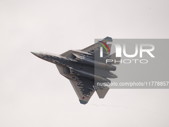 Russia's Su-57 stealth fighter performs at the 2024 Zhuhai Air Show in Zhuhai, China, on November 14, 2024. (