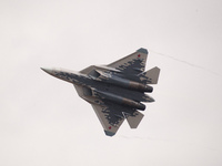 Russia's Su-57 stealth fighter performs at the 2024 Zhuhai Air Show in Zhuhai, China, on November 14, 2024. (