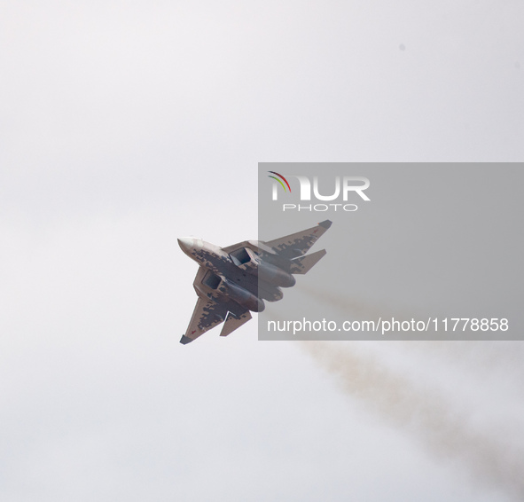 Russia's Su-57 stealth fighter performs at the 2024 Zhuhai Air Show in Zhuhai, China, on November 14, 2024. 