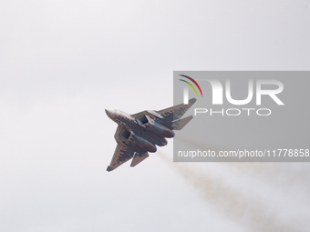 Russia's Su-57 stealth fighter performs at the 2024 Zhuhai Air Show in Zhuhai, China, on November 14, 2024. (