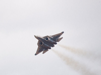 Russia's Su-57 stealth fighter performs at the 2024 Zhuhai Air Show in Zhuhai, China, on November 14, 2024. (