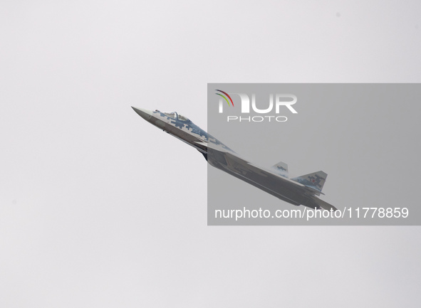 Russia's Su-57 stealth fighter performs at the 2024 Zhuhai Air Show in Zhuhai, China, on November 14, 2024. 